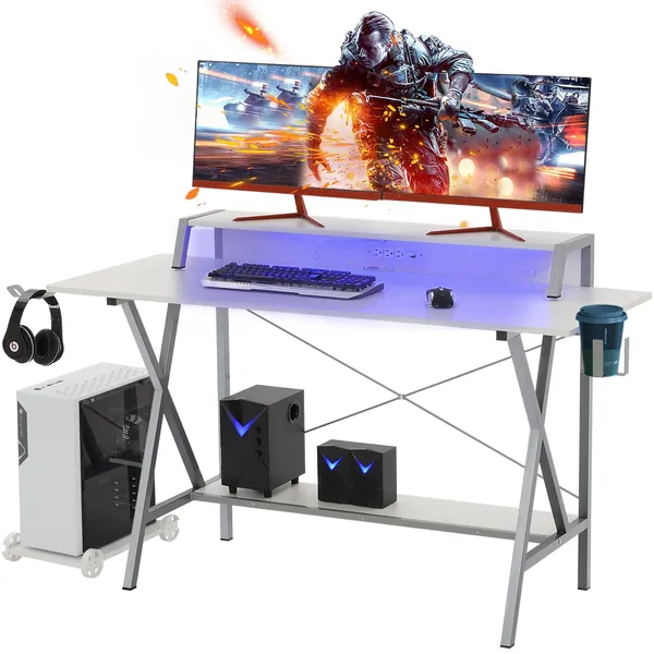 Sedeta White Gaming Desk, 55" Gaming Table with Led Lights, Computer Desk, Gaming Workstation Desk with PC Stand Shelf, Power Strip with USB, Cup Holder Headphone Hook, Large Home Office Gamer Desk