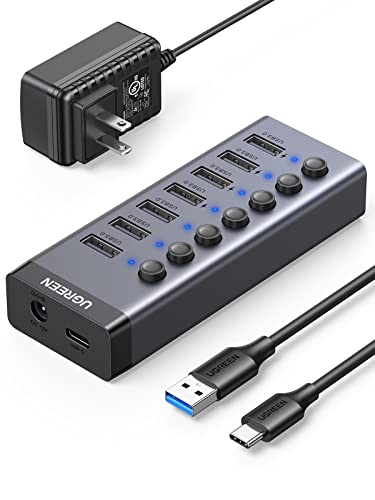 UGREEN USB Hub 3.0 Powered, 7 Ports USB Splitter with 4 Smart Charging Ports Aluminum Individual Switches USB Extension 12V 2A Charging Adapter for PC Laptop, MacBook Pro Air Mini, Flash Drive More