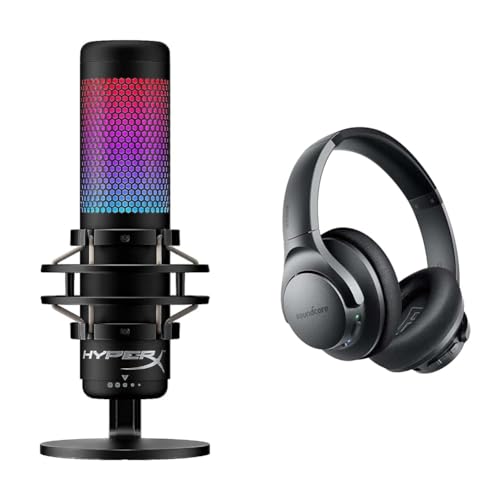 HyperX QuadCast S RGB USB Microphone, Anker Life Q20 Hybrid ANC Bluetooth Headphones with 60H Playtime - Microphone + Q20 Headphones - Black