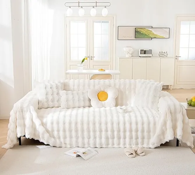 VM VOUGEMARKET Thick Faux Rabbit Fur Couch Cover 1-Piece Warm Soft Cozy Sofa Covers,Fluffy Plush Sofa Slipcover Furniture Protector for Bed Couch (White,71" x 118")