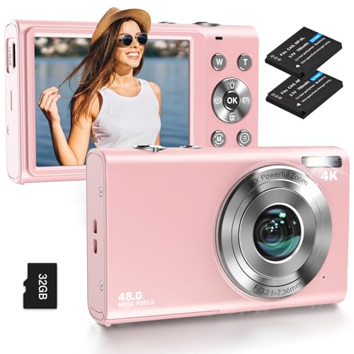 Digital Camera, Autofocus UHD 4K Vlogging Camera with 32GB Card, 48MP 16X Digital Zoom Digital Camera, Anti-Shake Portable YouTube Compact Point Shoot Camera for Teens Adult Beginner(Pink) - Pink