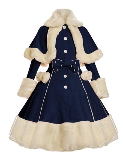 Women's Vintage Winter Fur Warm Coat Dress Shawl Collar Bowknot Warm Coat with Pocket - Medium Navy