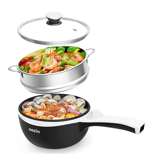 Dezin Hot Pot Electric with Steamer Upgraded, Non-Stick Sauté Pan, Rapid Noodles Electric Pot, 1.5L Mini Pot for Steak, Egg, Fried Rice, Ramen, Oatmeal, Soup with Power Adjustment (Egg Rack Included) - H(Black/with Steamer)
