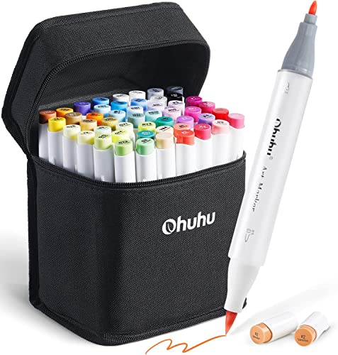 Ohuhu 48-Color Alcohol Brush Marker Set - Dual-Tip Art Markers for Adult Coloring and Illustration with Refillable Ink - Fine & Brush