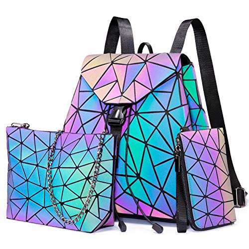 Geometric Luminous Purses and Handbags for Women Holographic Reflective Bag Backpack Wallet Clutch Set - Backpack + Crossbody Bag + Wallet