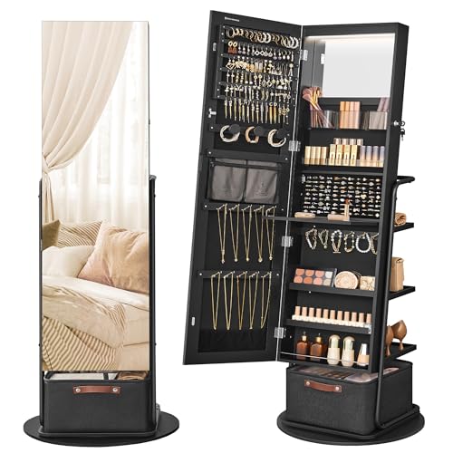 SONGMICS 360° Swivel Mirrored Jewelry Cabinet with Lights, Full-Length Mirror with Jewelry Storage, Standing Jewelry Armoire Organizer, with Large Storage Basket, Mother's Day Gifts, Ink Black - Ink Black