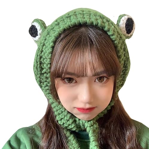 Women Girls Crochet Knitted Winter Headband Hat Beanie Cute Cartoon Frog Big Eyes Earflap Cap Photo Props - One Size - Frog Headband