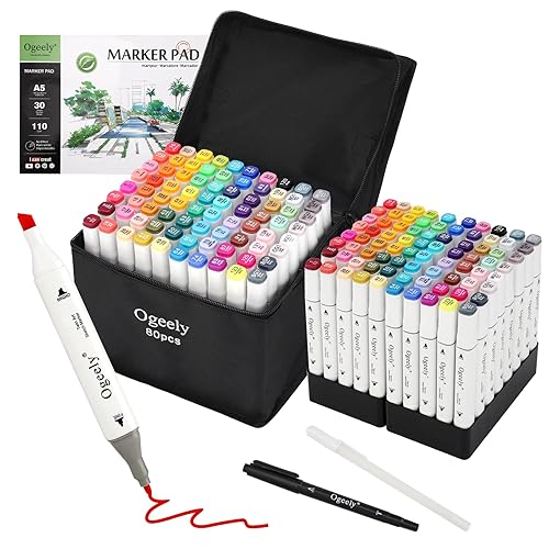Ogeely Alcohol Markers, 82 Color Dual Tip Art Markers for Kids Adults, Permanent Sketch Markers for Artists, with Organizing Case, Black Liner and Pad, for Illustration Designing Drawing - White-80PCS