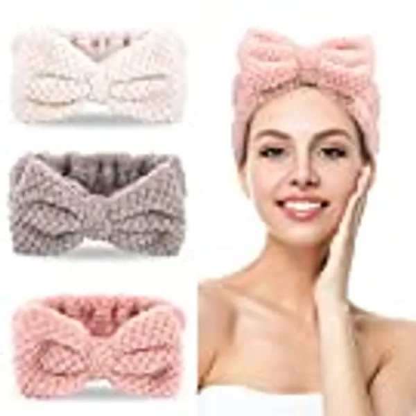 3 Pack Spa Headbands Microfiber Bowtie Headbands Makeup Headband Skincare Headbands Facial Headband Face Wash Headband Face Washing Headband Towel Headbands for Women for Washing Face(White,Pink,Gray)