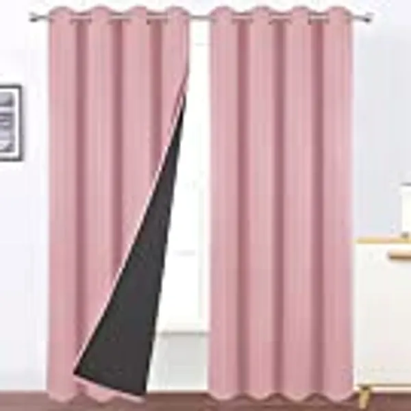 LEMOMO 100% Blackout Pink Curtains with Black Lining/52 x 84 Inch/Set of 2 Panels Thermal Insulated Room Darkening Curtains for Bedroom