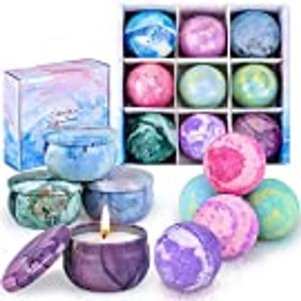 Bath Bombs Gift Set for Women, 5 Color Large Bubble Bathbombs Essential Oil with 4pcs Scented Candles, Fizzy Spa for Moisturizing Skin, Idea Valentine's, Birthday Gifts for Wife Mother Friends Kids