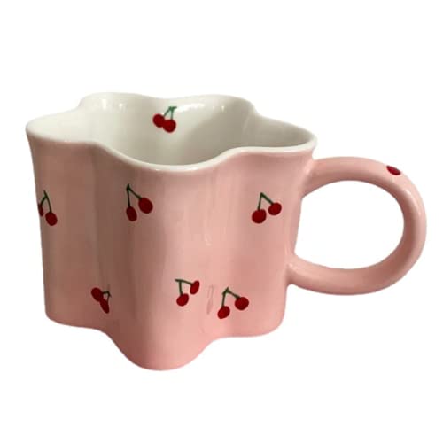 Heardbeli Women Girls Pink Flower Shape Cherry Mug Ceramic Coffee Mug Water Cup 350ml/12oz Cute Novelty Vintage Gift