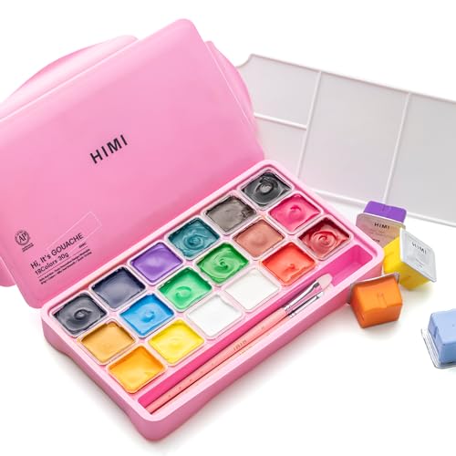 HIMI Gouache Paints Set, 18 Colors, 30g, jelly gouache paint set, Non Toxic Paint for Canvas and Paper, Art Supplies for Professionals, and More (Pink Case) - Pink
