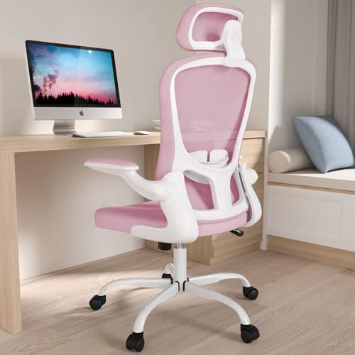 Office Chair, High Back Ergonomic Desk Chair, Breathable Mesh Desk Chair with Adjustable Lumbar Support and Headrest, Swivel Task Chair with flip-up Armrests, Executive Chair for Home Office - With Headrest - Pink