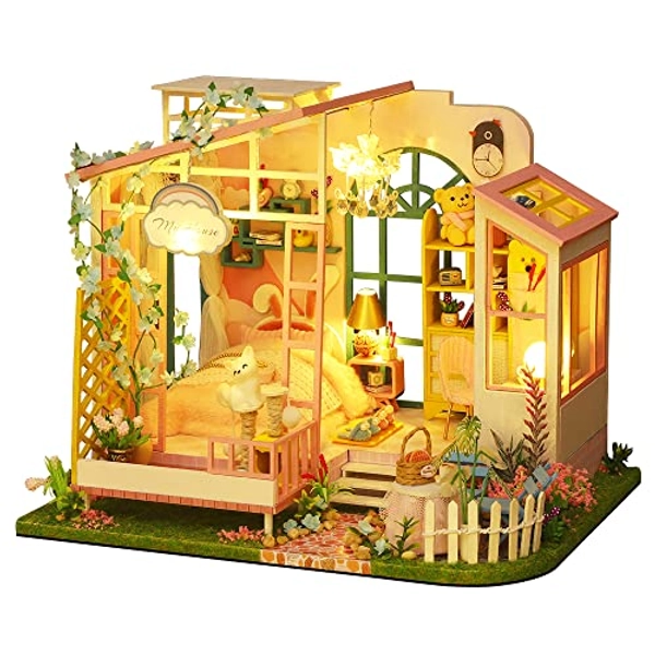 CUTEBEE Dollhouse Miniature with Furniture, DIY Wooden Dollhouse Kit Plus Dust Proof, Creative Room Idea (Dream in The Flowers)