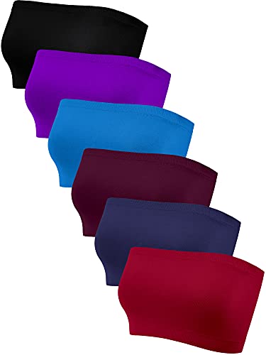 Geyoga 4 Pieces Strapless Bandeau Bra, Seamless Bralettes Stretchy Non Padded Bandeau Tube Top Bra for Women - Small - Black, Purple, Lake Blue, Purplish Red, Navy Blue, Burgundy