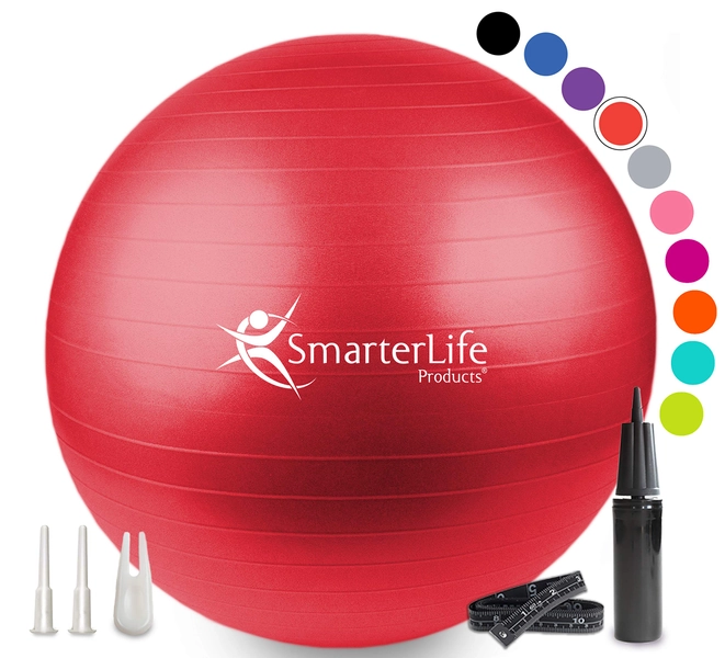 SmarterLife Workout Exercise Ball for Fitness, Yoga, Balance, Stability, or Birthing, Great as Yoga Ball Chair for Office or Exercise Gym Equipment for Home, Premium Non-Slip Design - Red 75 cm