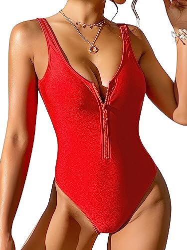 Dixperfect Women's Retro 80s/90s Inspired High Cut Low Back One Piece Swimwear Bathing Suits - Red Zip W/ Padded Cups Removable - Large