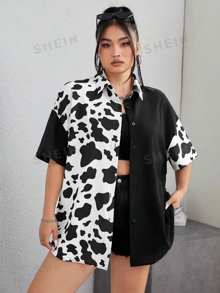 SHEIN Coolane Women'S Plus Size Cow Print Patchwork Black And White Shirt