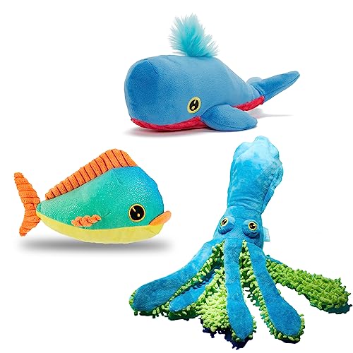 Barkbox Under The Sea Bundle - 3 Toys for Medium and Large Dogs - Squeaky Dog Toys, Tug Toys, Plush Chew Toys - Maggie Mahi, Shify Sid The Squid, Moby Lick - Under the Sea Bundle (Large)