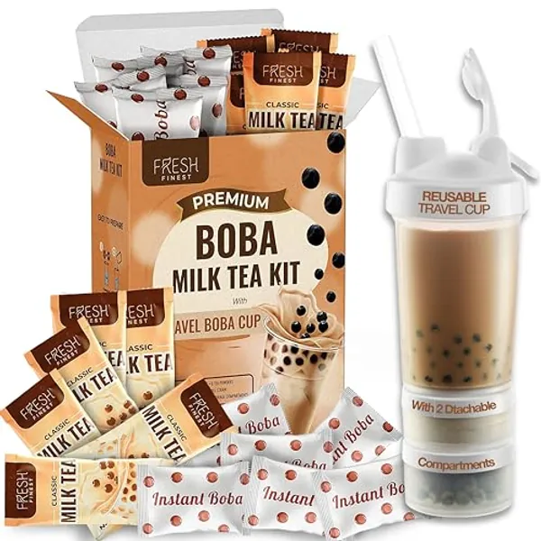 Fresh Finest Instant Boba Tea Kit with Tapioca Pearls + Reusable Boba Cup & Straw (6 Servings) Bubble Tea Kit - 6 Classic Milk Tea Packets & 6 Bubble Tea Pearls Packets - Ideal Gift For All Occasions