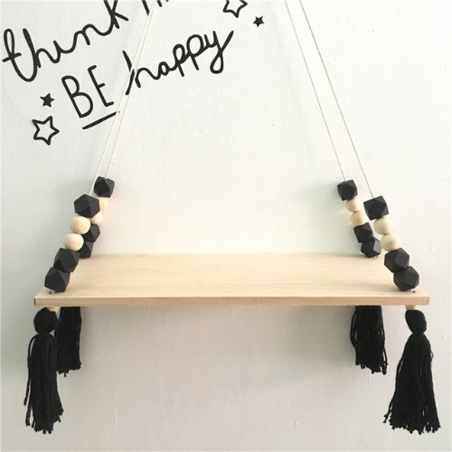 Beaded Hanging Wooden Shelf - Black