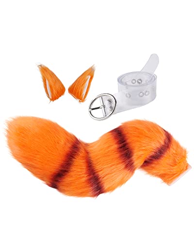 moroinriz Red Panda Ears Tail Halloween Costume Accessory Set, Faux Fur Red Panda Orange Cat Tail Ears Hair Clip Cosplay - Red Stripe-long