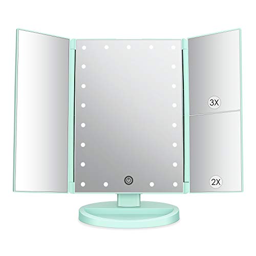 deweisn Tri-Fold Lighted Vanity Mirror with 21 LED Lights, Touch Screen and 3X/2X/1X Magnification, Two Power Supply Mode Make up Mirror,Travel Mirror (Green) - Green