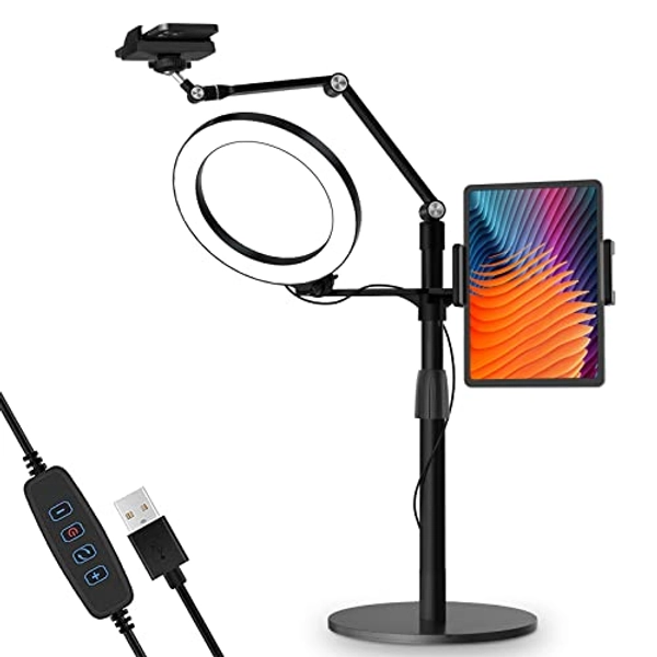 viozon 3-in-1 Selfie Desktop Live Stand, Height Adjustable/Overhead, 8" LED Ring Light, Compatible with 3.5-13" Tablet& Phone, Suitable for YouTube/Tiktok/Recording/Streaming/Online Meeting-B