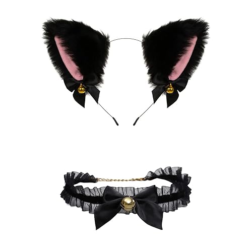 Animal Faux Fur Cat Dog Ears Headbands with Bells Lovely Flexible Hair Accessory Halloween Cosplay Costume Party Dress Girls (A19-combo set-3) - A19-combo Set-3
