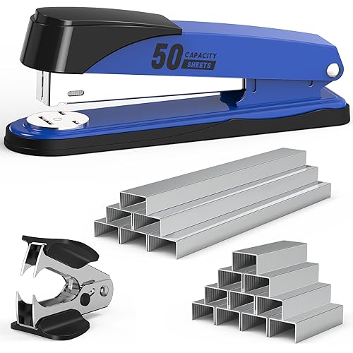 Metal Stapler Heavy Duty 50 Sheet Capacity with 1750 Staples and Staple Remover, Blue Stapler Full Strip Staplers for Desk, No Jam, Non-slip Office Stapler with Staples for Office & Classroom, Blue - Blue