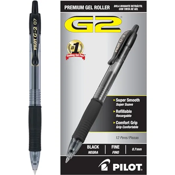 Pilot, G2 Premium Gel Roller Pens, Fine Point 0.7 MM, Black, Pack of 12 (Dozen Box)