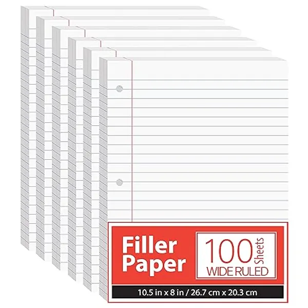 Notebook Paper, Loose Leaf Paper, Wide Ruled Paper, 10.5” x 8”, Filler Paper, 100 Sheets Per Pack, 60 gsm (6 Pack)
