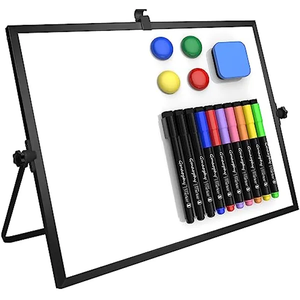Dry Erase White Board, 16x12" Large Magnetic Desktop Whiteboard with Stand, 10 Markers 4 Magnets 1 Eraser, Portable Double-Sided White Board Easel for Kids Memo to Do List Desk (Black)