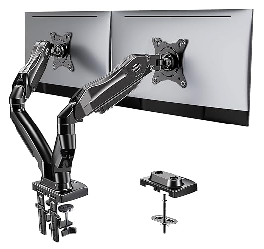 HUANUO Dual Monitor Stand - Full Adjustable Monitor Desk Mount Swivel Vesa Bracket with C Clamp, Grommet Mounting Base for 13 to 32 Inch Computer Screens - Each Arm Holds 4.4 to 19.8lbs - Black