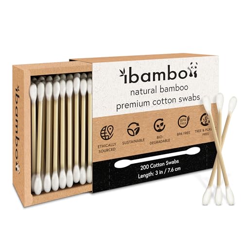 Ibambo 200 Pack 100% Bamboo Cotton Swabs - Double Tipped Cotton Buds for Ear Cleaning | Bamboo Swabs for Beauty & Personal Care | FSC Certified & Hypoallergenic, Suitable for All Ages and Pets - 200 Swabs