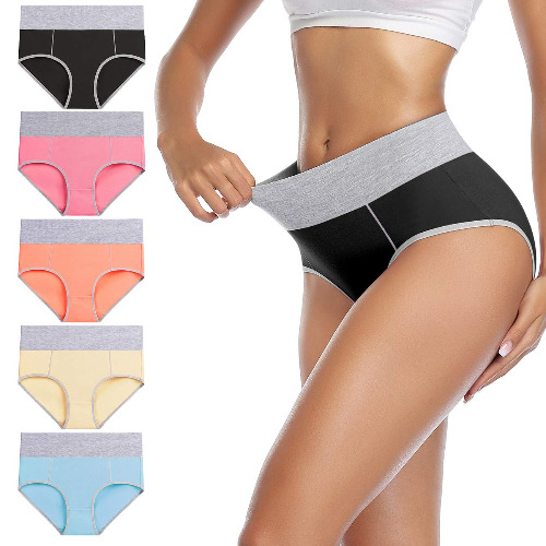 wirarpa Women's Cotton Underwear High Waist Stretch Briefs Soft Underpants Ladies Full Coverage Panties 5 Pack - Medium A Black, Pink, Orange, Yellow, Light Blue