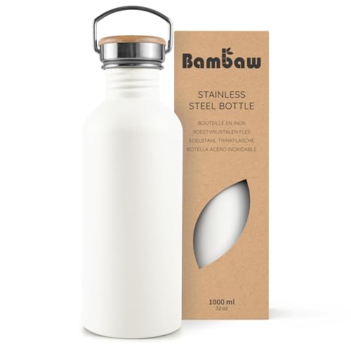 Bambaw 32 oz Water Bottle Stainless Steel, White Water Bottle 32oz, Non Insulated Water Bottle Metal, Camping Water Bottle with Handle, Leak Proof Water Bottle for Men and Women – Polar White - 32 oz - Polar White
