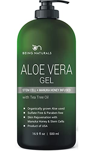 Aloe vera Gel - from 100% Pure Organic Aloe Infused with Manuka Honey, Stem Cell, Tea Tree Oil - Natural Raw Moisturizer for Face, Body, Hair. Perfect for Sunburn, Acne, Razor Bumps 16.9 fl oz - Tea Tree