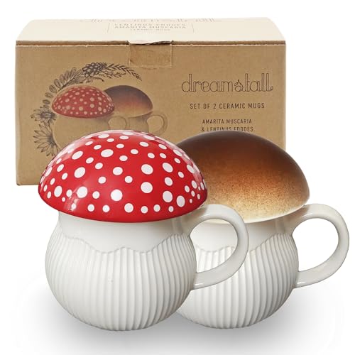Dreamstall Mushroom Mug with Lid Stoneware Coffee Cup with Decorative Gift Box, Cottagecore Aesthetic (Red and Brown Set) - Red and Brown Set