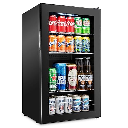 Ivation 126 Can Beverage Refrigerator | Freestanding Ultra Cool Mini Drink Fridge | Beer, Cocktails, Soda, Juice Cooler for Home & Office | Reversible Glass Door & Adjustable Shelving - Black - 126 Can - Black