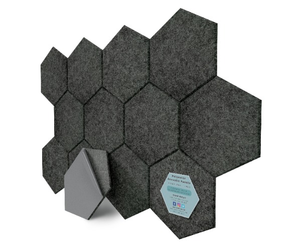 Hexagon Polyester Acoustic Panels - 12 Pack | Eco-Friendly Sound Absorption | Easy Peel & Stick Installation - Dark Grey