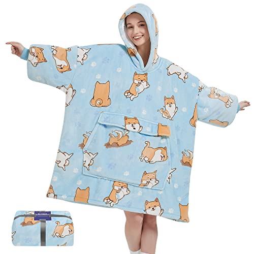 Wenlia Oversized Hooded Blanket Sweatshirt with Kangaroo Pocket, Printing Flannel Sherpa Blanket Double Layer, Super Soft Warm Cozy Wearable Thick Hoodie One Size Fits All - Mother & Daughter Gift - Puppy