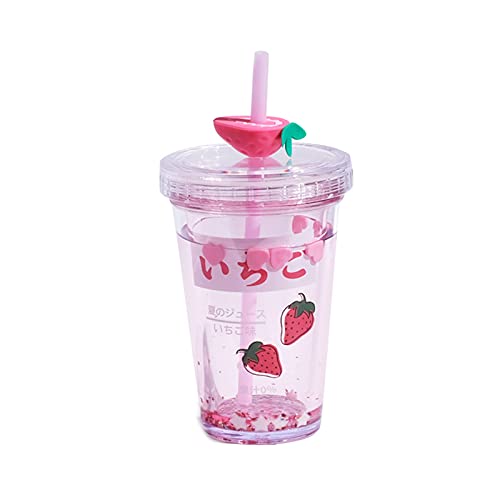 Meideli 15oz Kawaii Water Bottle With Straw Glitter Double Wall Water Bottle With Straw Kawaii Cup Strawberry Water Bottle Kawaii Cups Kawaii Stuff Avocado Gifts Pink - Pink