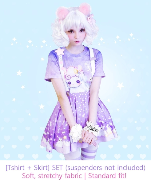 Shooting star Alpaca - Set [Tshirt + skirt] - Cute kawaii alpaca, moon stars, yume kawaii, fairy kei, lavender sky, purple - T3S11
