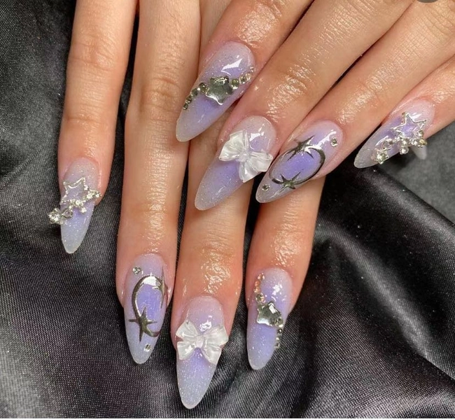 Purple Blush with silver Star Press On Nails/ White bow nails/ Silver Space Design Fake Nails / Y2K Nils  #352