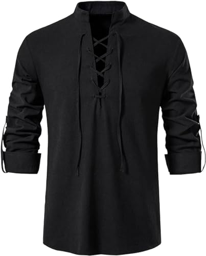 Men's Long Sleeve Shirts Retro Style Lace up for Medieval,Viking,Hippie Halloween Cosplay Pirate Renaissance Costume - Large - Black