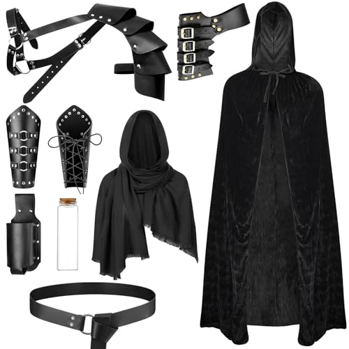 PLULON 9Pcs Medieval Knight Costume Men Hooded Cloak Retro Shawl PU Leather Belt Shoulder Armor Buckle Bracers Sword Frog - Dark Black