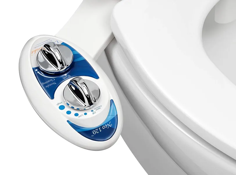 LUXE Bidet Neo 120 - Self Cleaning Nozzle - Fresh Water Non-Electric Mechanical Bidet Toilet Attachment (blue and white) - Blue/White