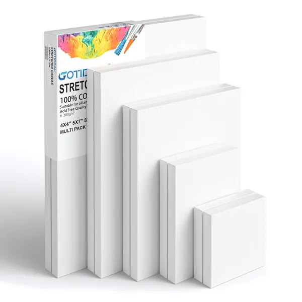 GOTIDEAL Stretched Canvas, Multi Pack 4x4", 5x7", 8x10",9x12", 11x14" Set of 10, Primed White - 100% Cotton Artist Canvas Boards for Painting, Acrylic Pouring, Oil Paint Dry & Wet Art Media - Stretched Canvas-10 Pack